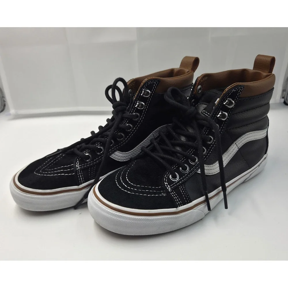 Vans Sk8-Hi MTE Black Leather Suede High Top Sneakers Brown Trim Faux Fur Lining